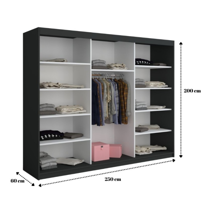 Set Mobila De Dormitor David Alb/Gri, pat tapitat gri 160x200cm, dulap 250cm, 2 noptiere si saltea 160x200cm [2]