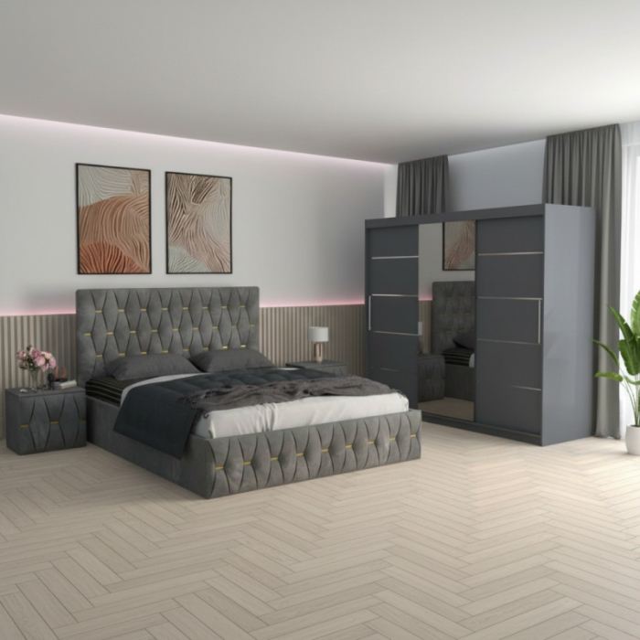 Set Mobila De Dormitor David Gri 250cm, pat Eric tapitat Gri 160x200cm, dulap gri 250cm, 2 noptiere tapitate si saltea 160x200cm [1]