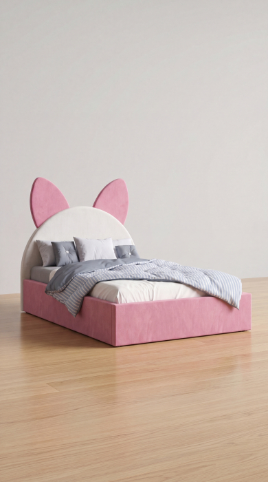 Set Mobila De Dormitor Kitty Roz, pat tapitat Roz/Alb 90x200cm, dulap 150cm, 2 noptiere si saltea 90x200cm [2]