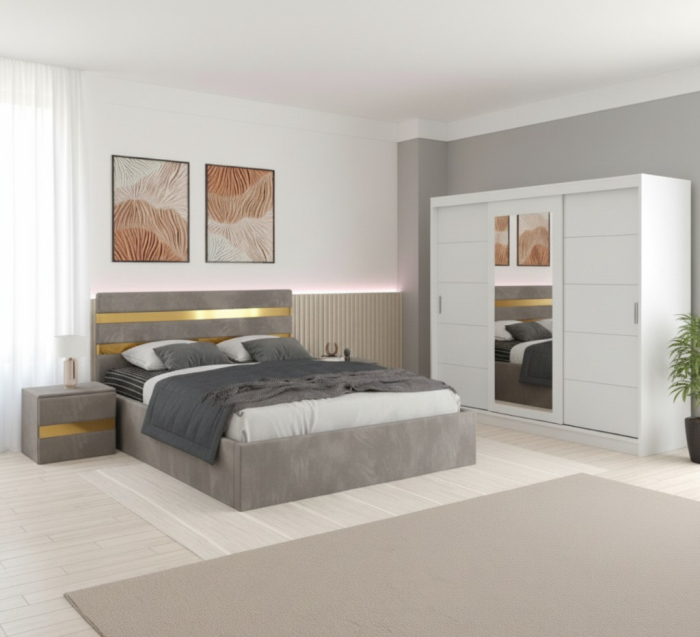 Set Mobila De Dormitor Clio Gri 250cm, pat tapitat 160x200cm, dulap alb 250cm, 2 noptiere tapitate si saltea 160x200cm [1]