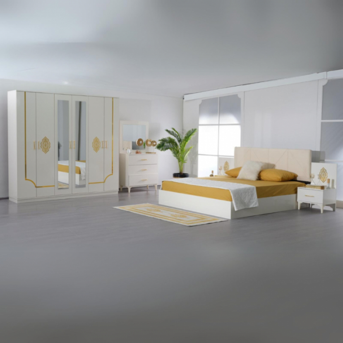 Set Mobila De Dormitor COD105 Alb pat 180x200cm,  dulap 220x210cm, noptiere, comoda cu oglinda [1]