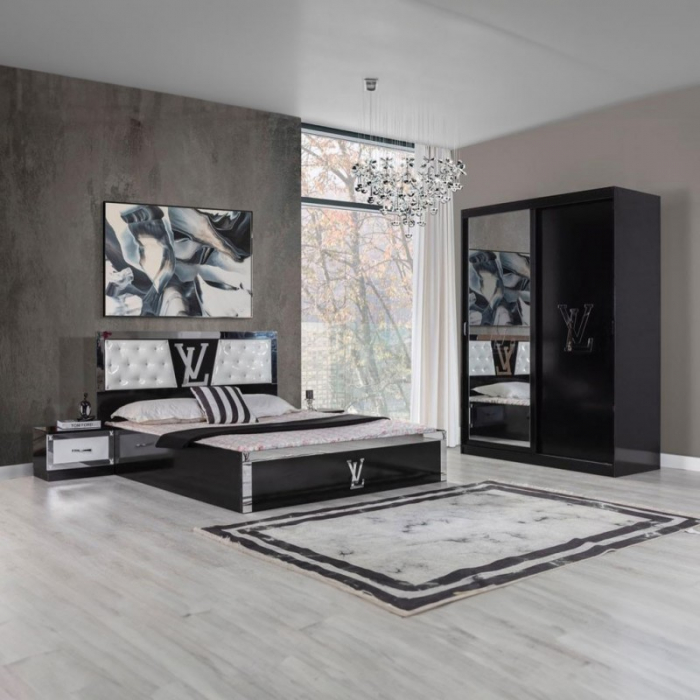 Set Mobila De Dormitor Luis Negru, pat 160x200cm,  dulap 150x208cm, noptiere [1]