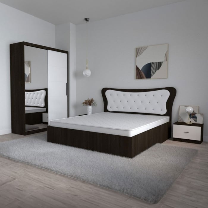 Set Mobila De Dormitor Dante Wenge/Alb, pat 160x200cm,  dulap cu oglinda 150x200cm, noptiere [1]