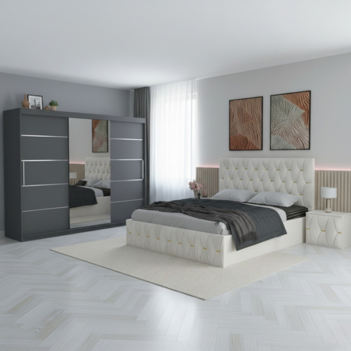 Set Mobila De Dormitor David Gri/Alb 250cm, pat Eric tapitat Alb 160x200cm, dulap gri 250cm, 2 noptiere tapitate si saltea 160x200cm [1]
