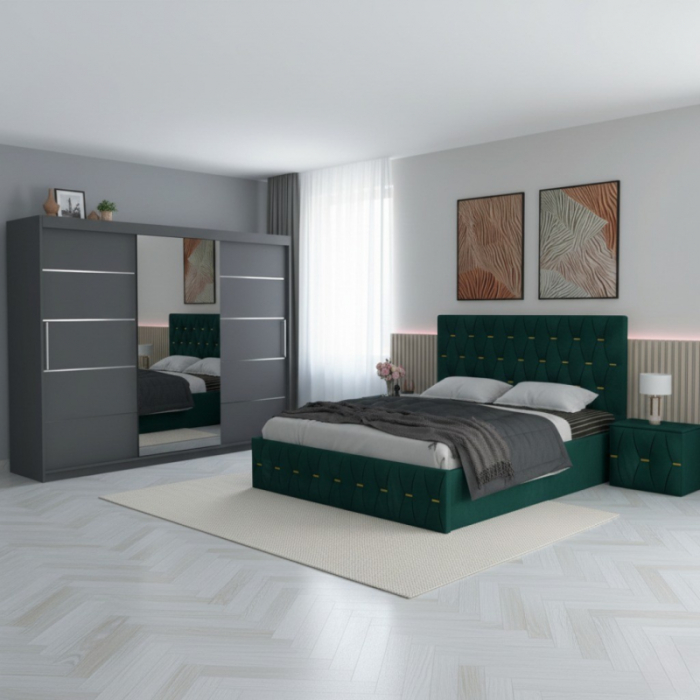 Set Mobila De Dormitor David Gri/Verde 250cm, pat Eric tapitat Verde 160x200cm, dulap gri 250cm, 2 noptiere tapitate si saltea 160x200cm [1]