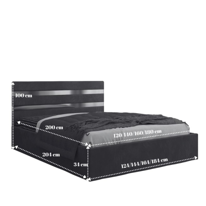 Set Mobila De Dormitor Clio Negru, pat tapitat Negru 160x200cm, dulap tapitat 150cm, 2 noptiere si saltea 160x200cm [3]