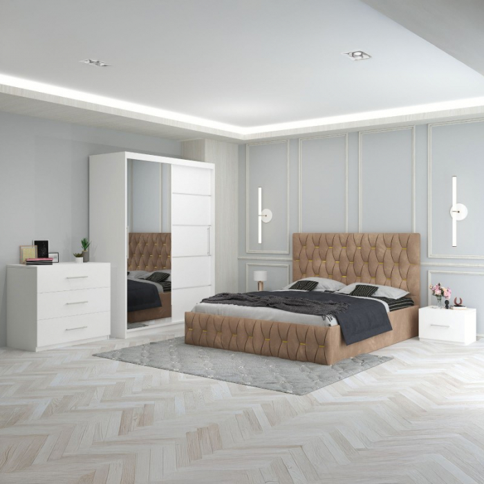Set Mobila De Dormitor Eric Crem+Comoda, pat tapitat 160x200cm,  dulap cu oglinda 150x210cm, noptiere [1]