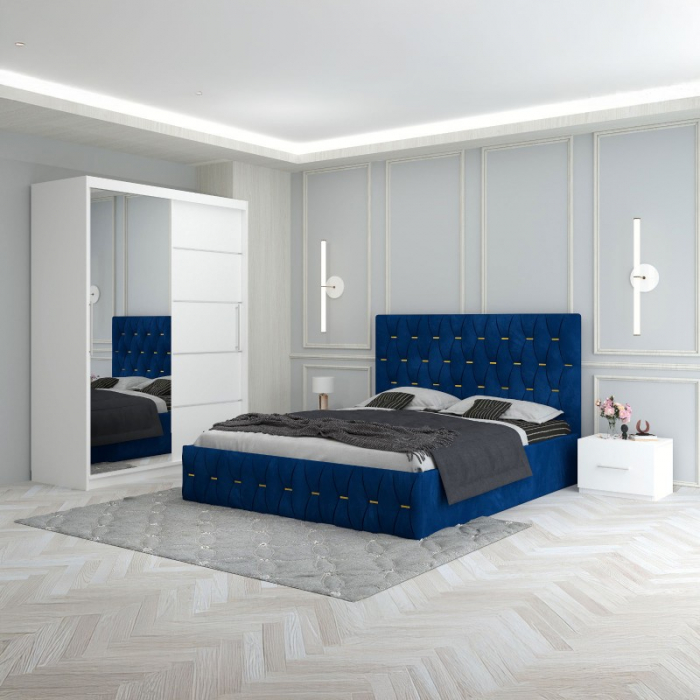 Set Mobila De Dormitor Eric Albastru, pat tapitat 160x200cm,  dulap cu oglinda 150x210cm, noptiere [1]