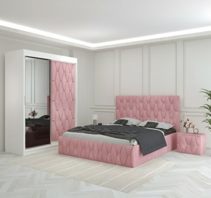 Set Mobila De Dormitor Eric Roz, pat tapitat 160x200cm, dulap usa tapitata cu oglinda 150x210cm,2 noptiere tapitate si saltea 160x200cm [1]
