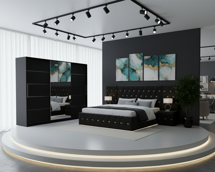 Set Mobila De Dormitor Eric Negru Cu Extensii, pat Eric cu extensii tapitat Negru 160x200cm, dulap Negru 250cm, 2 noptiere tapitate si saltea 160x200cm [1]