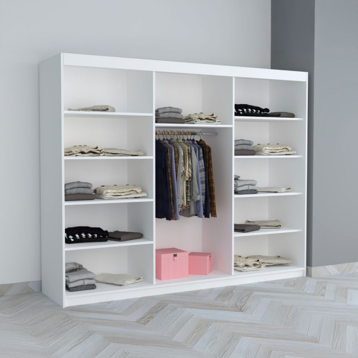 Set Mobila De Dormitor Eric Gri Cu Extensii, pat Eric cu extensii tapitat Gri 160x200cm, dulap usa tapitata 150cm, 2 noptiere tapitate si saltea 160x200cm [2]