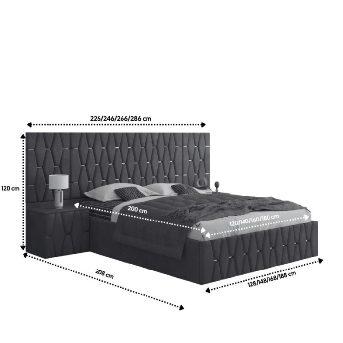Set Mobila De Dormitor Eric Gri Cu Extensii, pat Eric cu extensii tapitat Gri 160x200cm, dulap usa tapitata 150cm, 2 noptiere tapitate si saltea 160x200cm [4]
