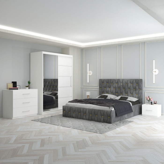 Set Mobila De Dormitor Eric Gri+Comoda, pat tapitat 160x200cm,  dulap cu oglinda 150x210cm, noptiere [1]