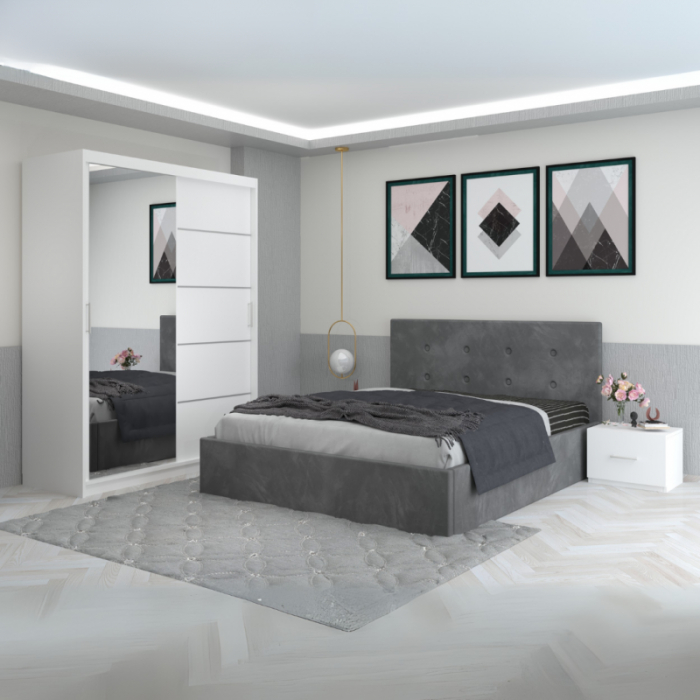 Set Mobila De Dormitor Filip Gri, pat tapitat 160x200cm,  dulap cu oglinda 150x210cm, noptiere [1]
