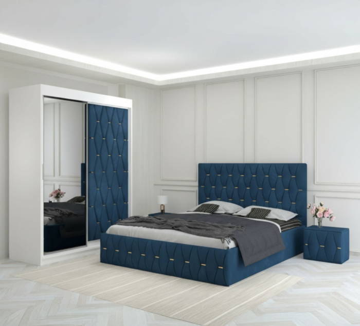 Set Mobila De Dormitor Eric Albastru, pat tapitat 160x200cm, dulap usa tapitata cu oglinda 150x210cm,2 noptiere tapitate si saltea 160x200cm [1]