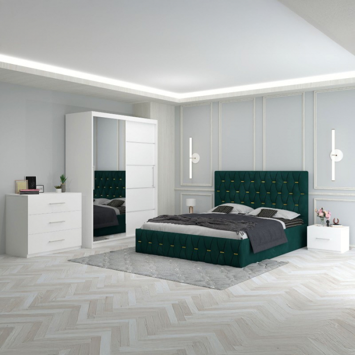 Set Mobila De Dormitor Eric Verde+Comoda,  pat tapitat 160x200cm,  dulap cu oglinda 150x210cm, noptiere [1]