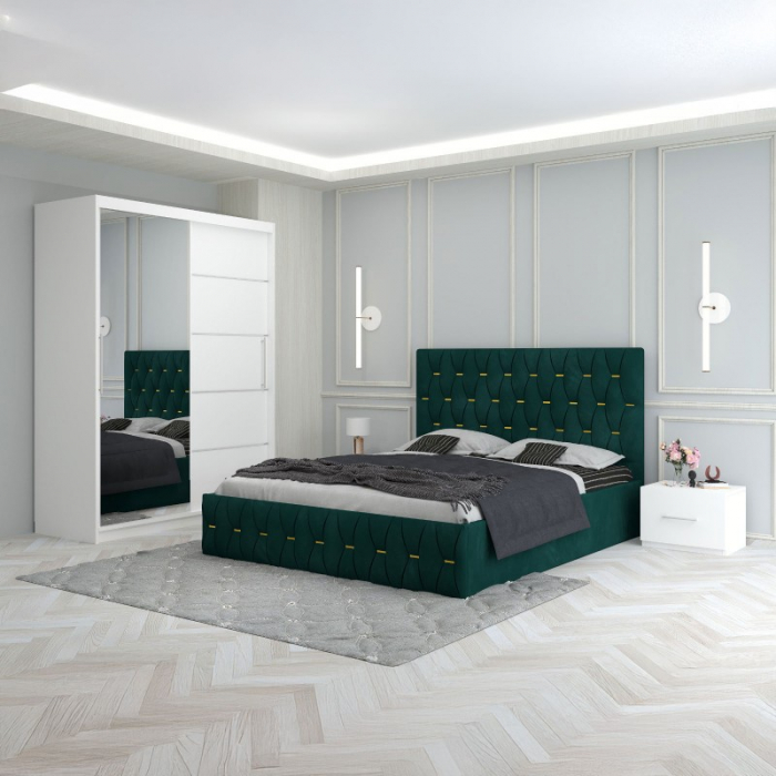 Set Mobila De Dormitor Eric Verde, pat tapitat 160x200cm,  dulap cu oglinda 150x210cm, noptiere [1]