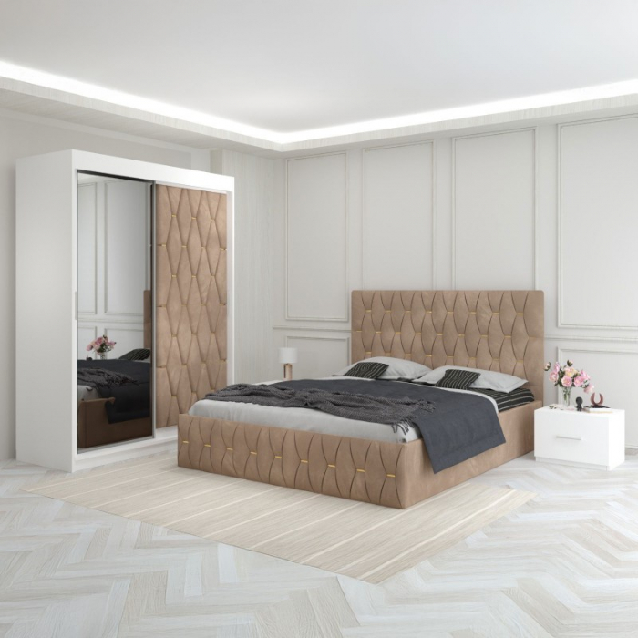 Set Mobila De Dormitor Eric Crem, Usa Tapitata, pat tapitat 160x200cm,  dulap cu oglinda 150x210cm, noptiere [1]