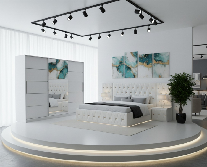Set Mobila De Dormitor Eric Alb Cu Extensii, pat Eric cu extensii tapitat Alb 160x200cm, dulap Alb 250cm, 2 noptiere tapitate si saltea 160x200cm [1]