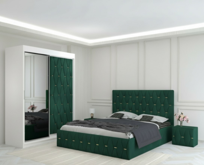 Set Mobila De Dormitor Eric Verde, pat tapitat 160x200cm, dulap usa tapitata cu oglinda 150x210cm,2 noptiere tapitate si saltea 160x200cm [1]