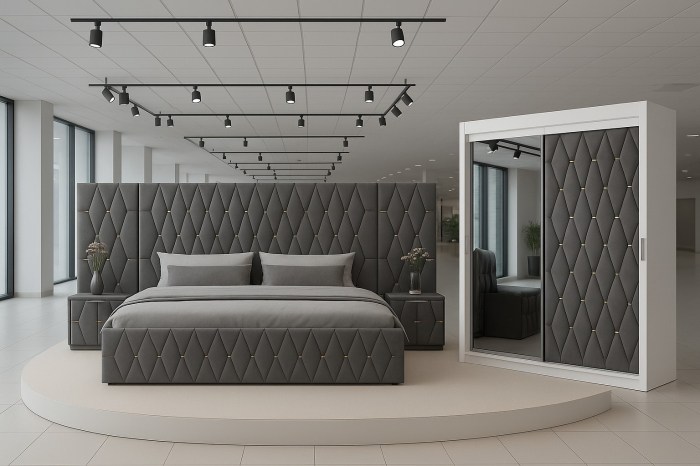 Set Mobila De Dormitor Eric Gri Cu Extensii, pat Eric cu extensii tapitat Gri 160x200cm, dulap usa tapitata 150cm, 2 noptiere tapitate si saltea 160x200cm [1]