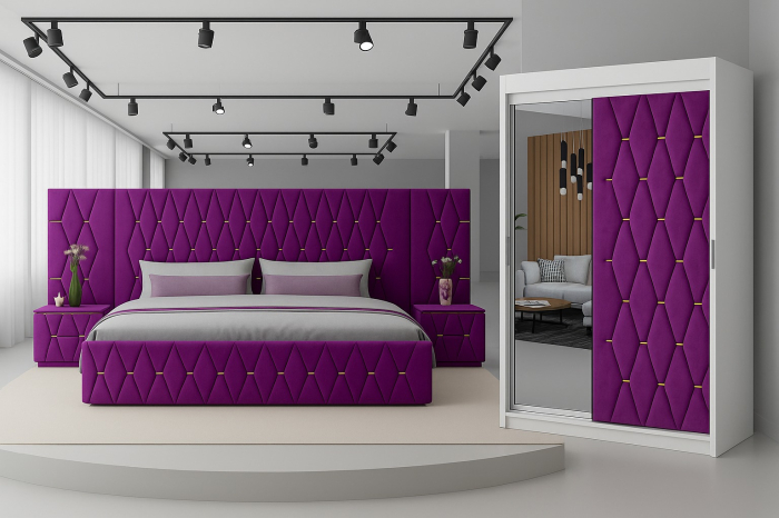 Set Mobila De Dormitor Eric Mov Cu Extensii, pat Eric cu extensii tapitat Mov 160x200cm, dulap usa tapitata 150cm, 2 noptiere tapitate si saltea 160x200cm [1]