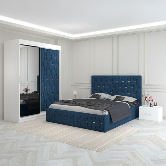 Set Mobila De Dormitor Eric Albastru, Usa Tapitata, pat tapitat 160x200cm,  dulap cu oglinda 150x210cm, noptiere [1]