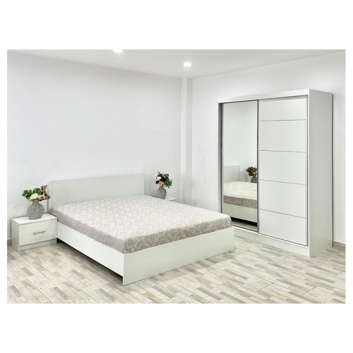 Dormitor Albania Alb cu Pat Matrimonial Alb si Saltea 160 cm x 200 cm , Dulap Usi Glisante Alb 150 cm x 200 cm si Noptiere Albe [1]