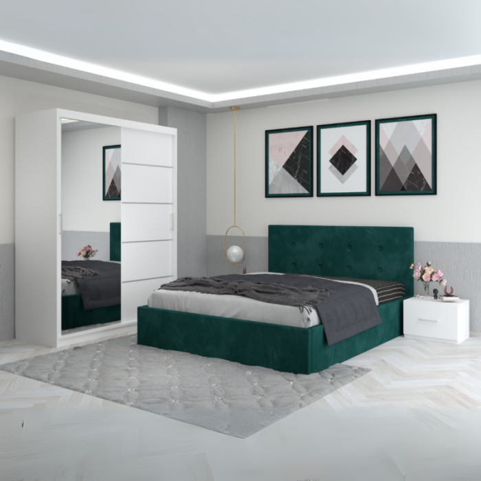 Set Mobila De Dormitor Filip Verde, pat tapitat 160x200cm,  dulap cu oglinda 150x210cm, noptiere [1]