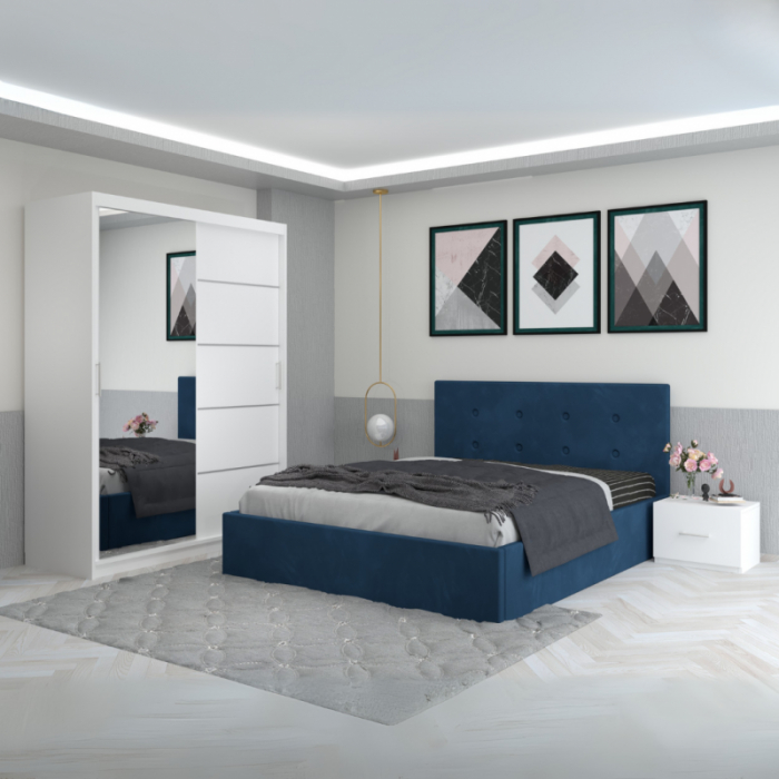 Set Mobila De Dormitor Filip Albastru, pat tapitat 160x200cm,  dulap cu oglinda 150x210cm, noptiere [1]