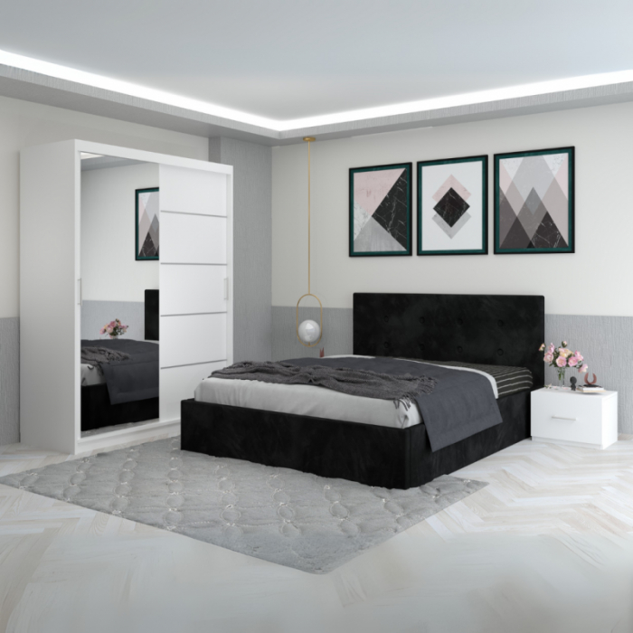Set Mobila De Dormitor Filip Negru, pat tapitat 160x200cm,  dulap cu oglinda 150x210cm, noptiere [1]
