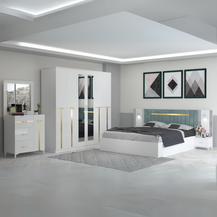 Set Mobila De Dormitor G100, pat 160x200cm,  dulap 220x210cm, noptiere, comoda cu oglinda si saltea 20cm grosime [1]