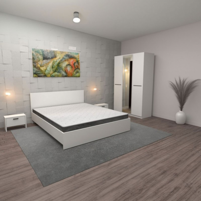Set Mobila De Dormitor Hera Alb, pat 160x200cm,  dulap cu oglinda 124x187cm, noptiere , saltea inclusa [1]