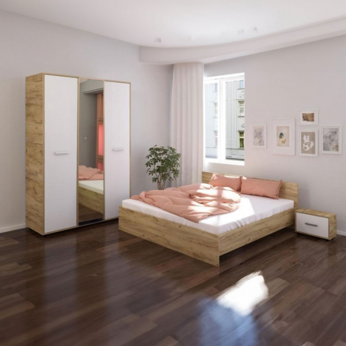Set Mobila De Dormitor Hera Sonoma/Alb, pat 160x200cm,  dulap cu oglinda 124x187cm, noptiere , saltea inclusa [1]