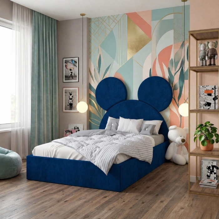 Set Mobila De Dormitor Micky Albastru, pat tapitat Albastru/Alb 90x200cm, dulap 150cm, 2 noptiere si saltea 90x200cm [2]