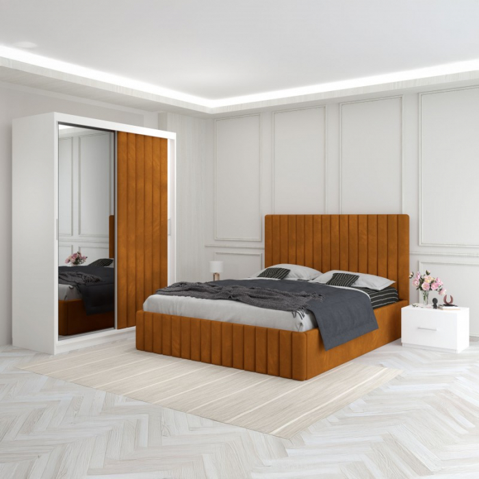 Set Mobila De Dormitor Luca Caramiziu, pat tapitat 160x200cm,  dulap cu oglinda 150x210cm, noptiere [1]