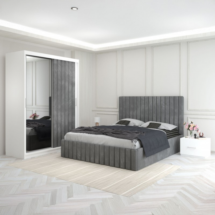 Set Mobila De Dormitor Luca Gri, pat tapitat 160x200cm,  dulap cu oglinda 150x210cm, noptiere [1]