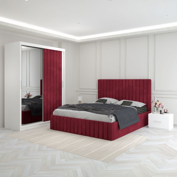Set Mobila De Dormitor Luca Visiniu, pat tapitat 160x200cm,  dulap cu oglinda 150x210cm, noptiere [1]