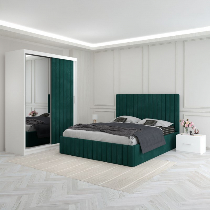 Set Mobila De Dormitor Luca Verde, pat tapitat 160x200cm,  dulap cu oglinda 150x210cm, noptiere [1]