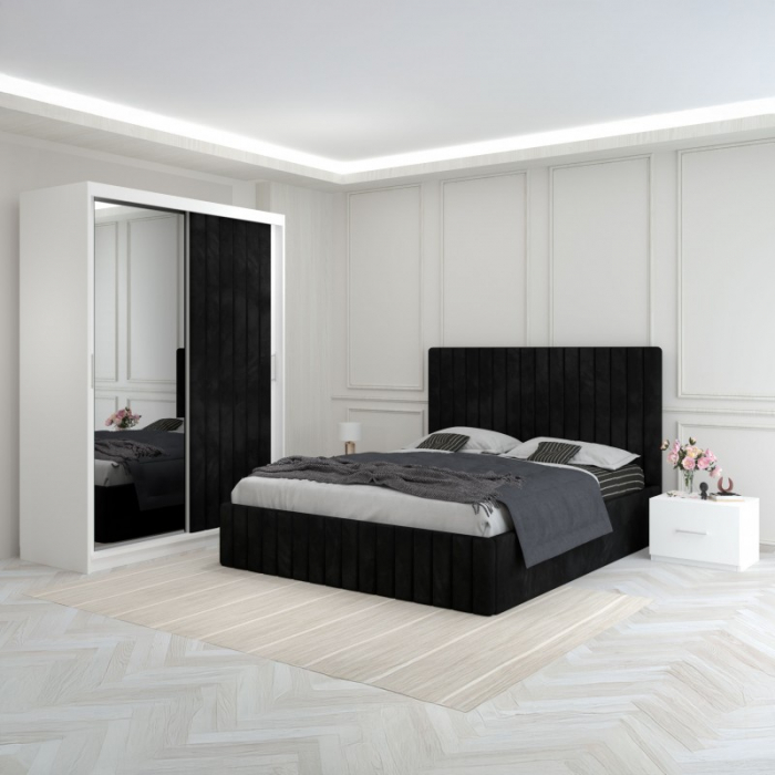 Set Mobila De Dormitor Luca Negru, pat tapitat 160x200cm,  dulap cu oglinda 150x210cm, noptiere [1]