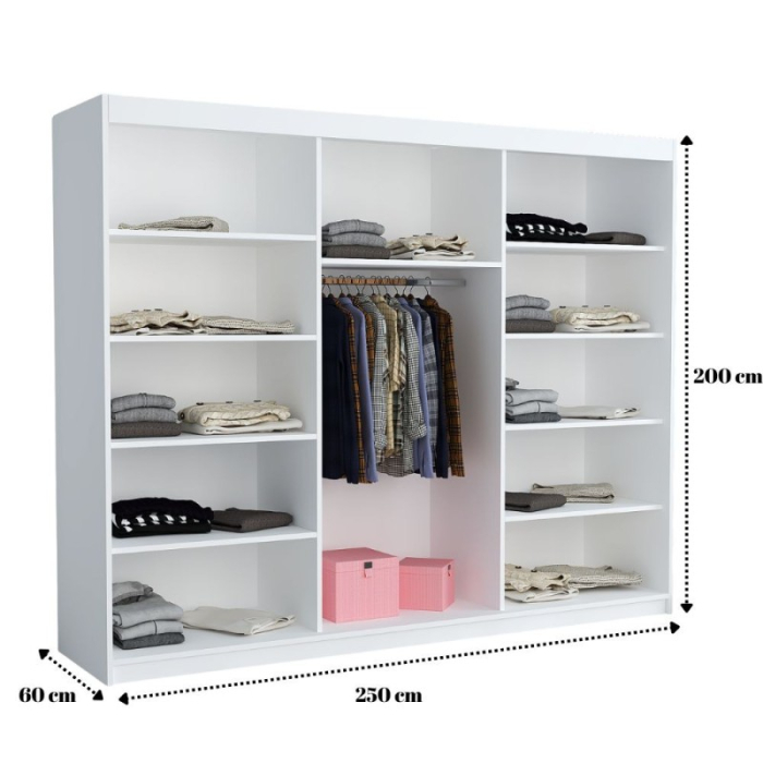 Set Mobila De Dormitor Nova Gri, pat tapitat 160x200cm, dulap 250cm, 2 noptiere si saltea 160x200cm [2]