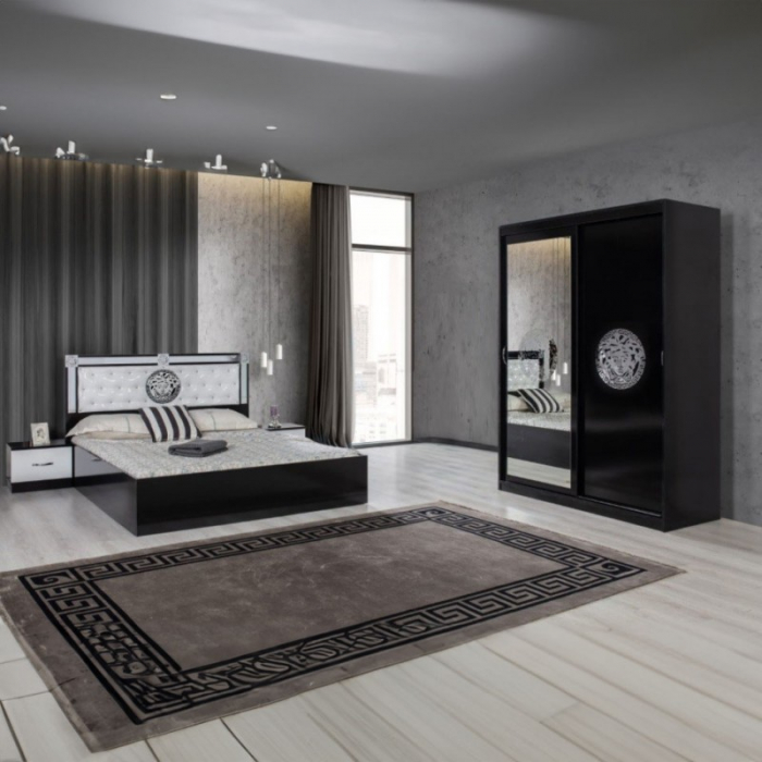 Set Mobila De Dormitor Versus Negru, pat 160x200cm,  dulap 150x208cm, noptiere [1]
