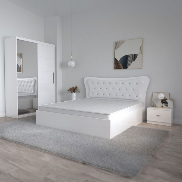 Set Mobila De Dormitor Dante Alb, pat 160x200cm,  dulap cu oglinda 150x200cm, noptiere [1]