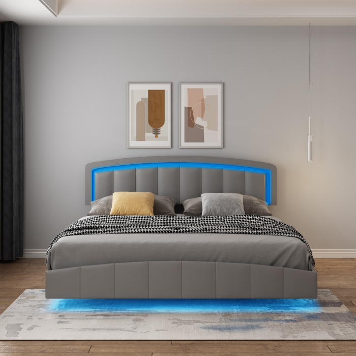 Pat B01 Tapitat Piele Ecologica 160x200cm, cu iluminare LED integrata, Gri [2]