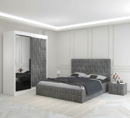 Mobila Dormitor - Set Mobila De Dormitor Eric Gri, pat tapitat 160x200cm, dulap usa tapitata cu oglinda 150x210cm,2 noptiere tapitate si saltea 160x200cm