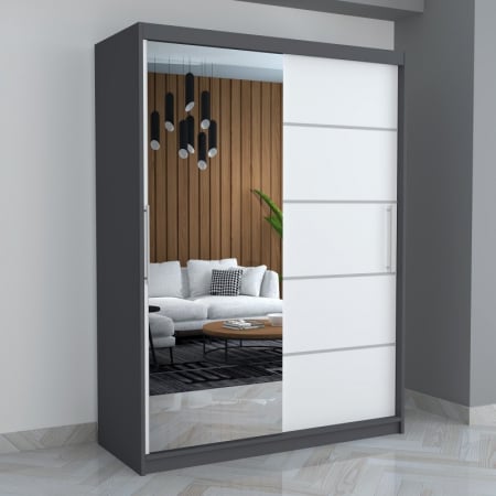 Dulapuri / Dressinguri - Dulap A03 Gri/Alb cu Oglinda, 150cm Lungime