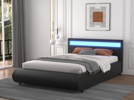 Paturi - Pat A01 Tapitat Piele Ecologica 160x200cm, cu iluminare LED integrata, Negru, Saltea Ortopedica 20cm inclusa