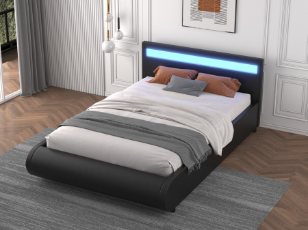 Pat A01 Tapitat Piele Ecologica 160x200cm, cu iluminare LED integrata, Negru, Saltea Ortopedica 20cm inclusa [1]