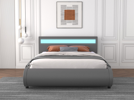 Pat A01 Tapitat Piele Ecologica 160x200cm, cu iluminare LED integrata, Gri, Saltea Ortopedica 20cm inclusa [2]