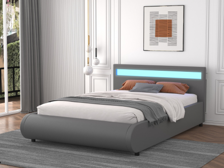 Paturi - Pat A01 Tapitat Piele Ecologica 160x200cm, cu iluminare LED integrata, Gri, Saltea Ortopedica 20cm inclusa